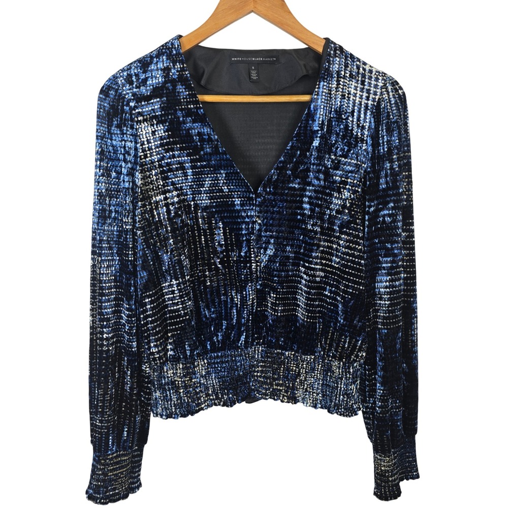 White House Black Market Blue Velvet Metallic Smocked Waist V-Neck Blouse Small